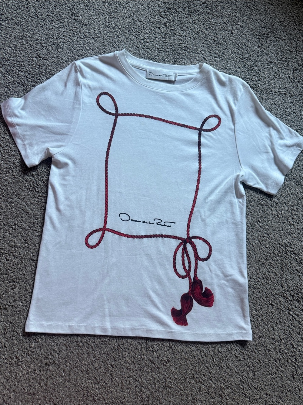 Oscar de la Renta White Tee with Red Rope Graphic and Tassels